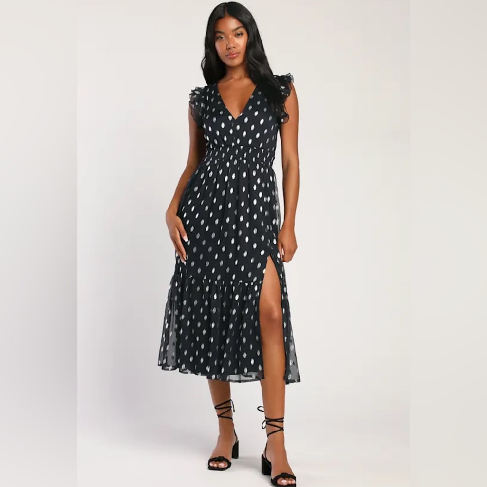Lulu's Navy and Silver Dot  Ruffled Tiered Midi Dress